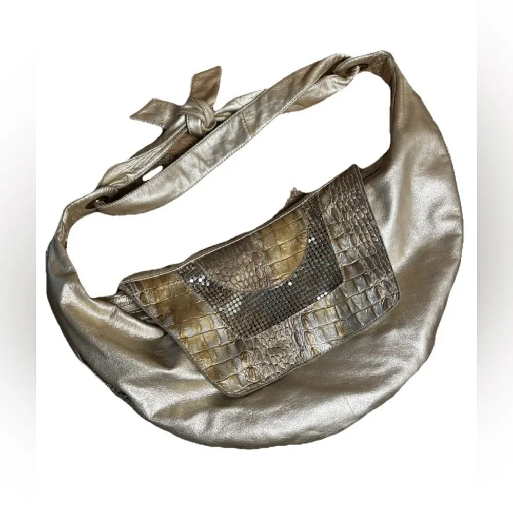 Treesje Y2K Hobo Leather Handbag Metallic Gold Croc Snake Patch Zip Shoulder Bag